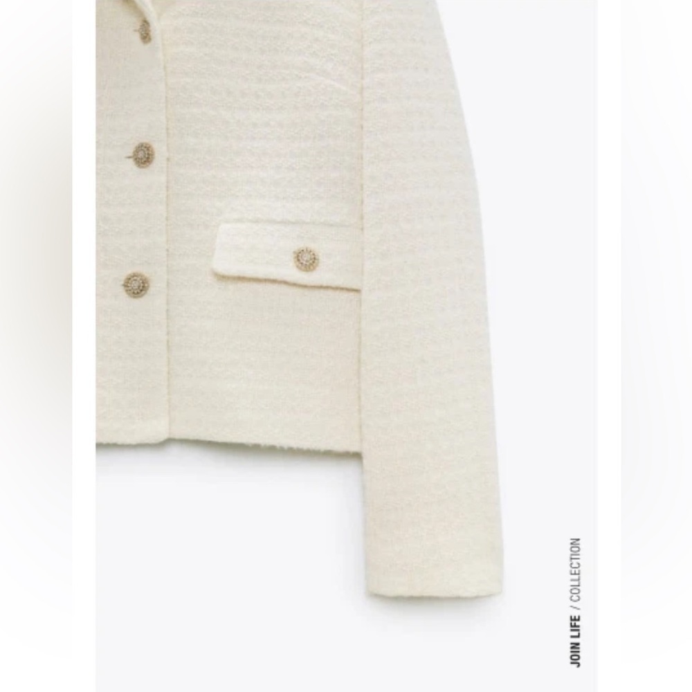 NWT Zara Cream Wool Blend Tweed Texture Blazer Boucle Rhinestone Buttons Sz L - Picture 12 of 15